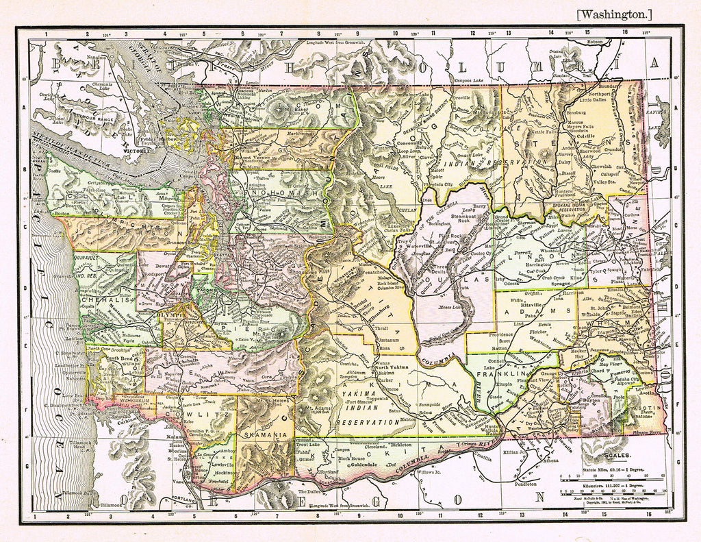 Rand-McNally's Atlas Map - "WASHINGTON" - Chromo Lithogrpah - 1895