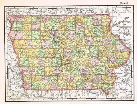 Rand-McNally's Atlas Map - "IOWA" - Chromo Lithogrpah - 1895