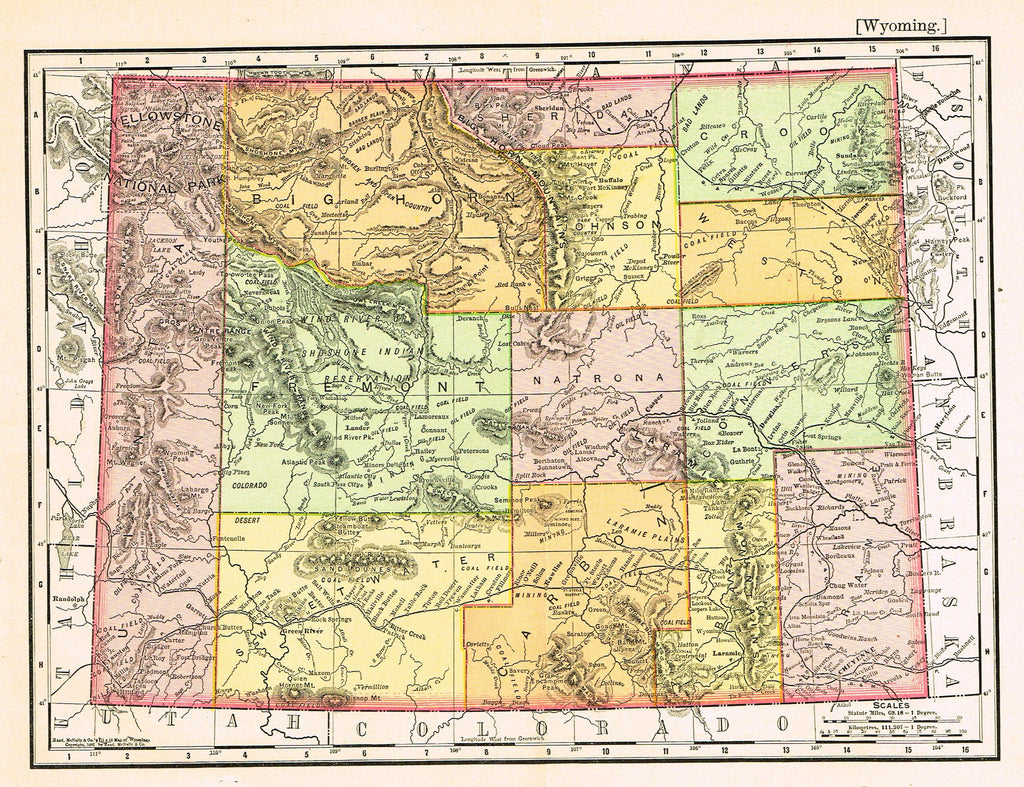 Rand-McNally's Atlas Map - "WYOMING" - Chromo Lithogrpah - 1895