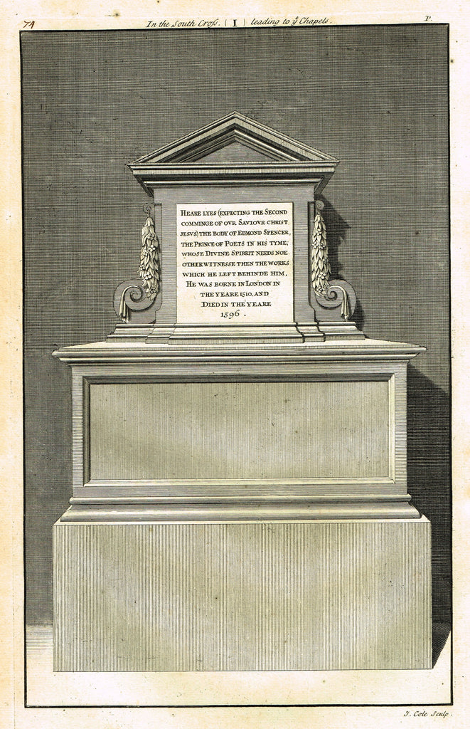 Dart's Westminster Abbey Tomb - "EDMUND SPENCER, THE PRINCE OF POETS" - Copper Engraving - 1723