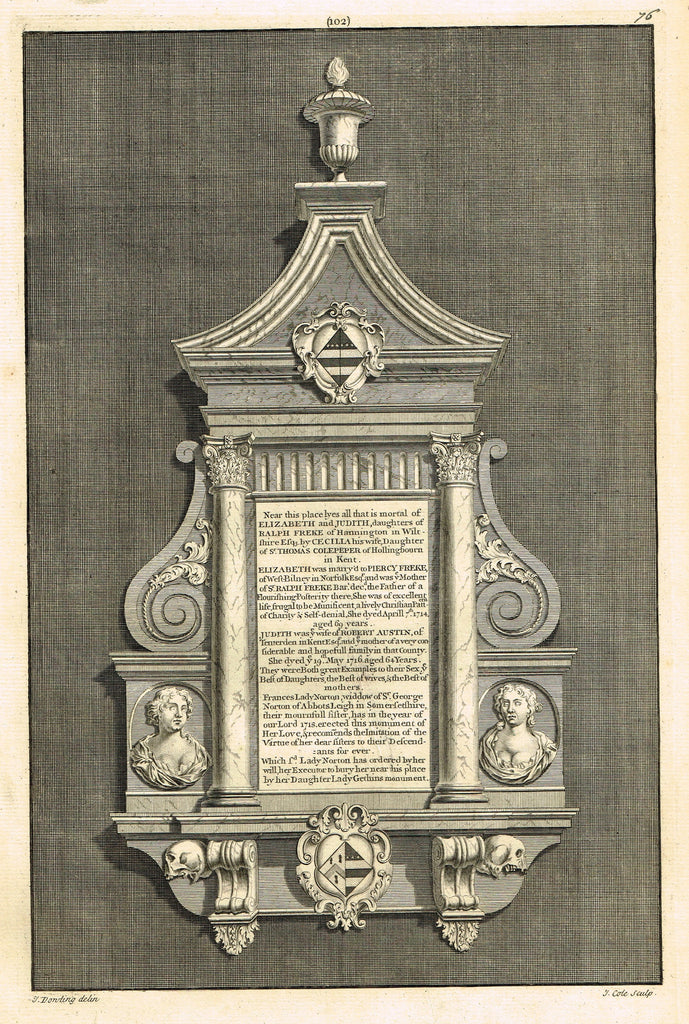 Dart's Westminster Abbey Tomb - "ELIZABETH & JUDITH FREKE" - Copper Engraving - 1723