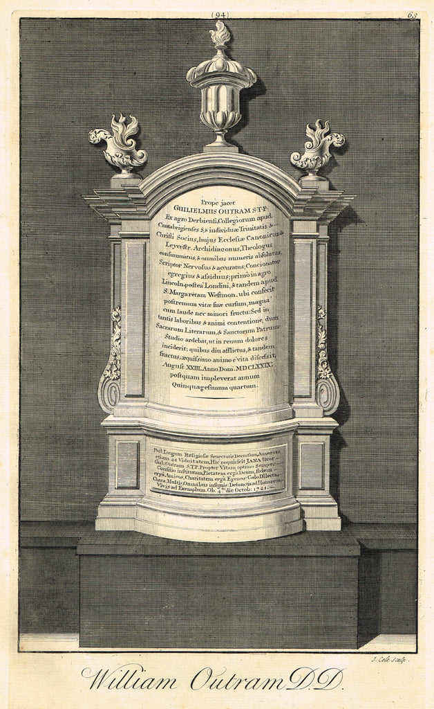 Dart's Westminster Abbey Tomb - "WILLIAM OUTRAM, D.D." - Copper Engraving - 1723