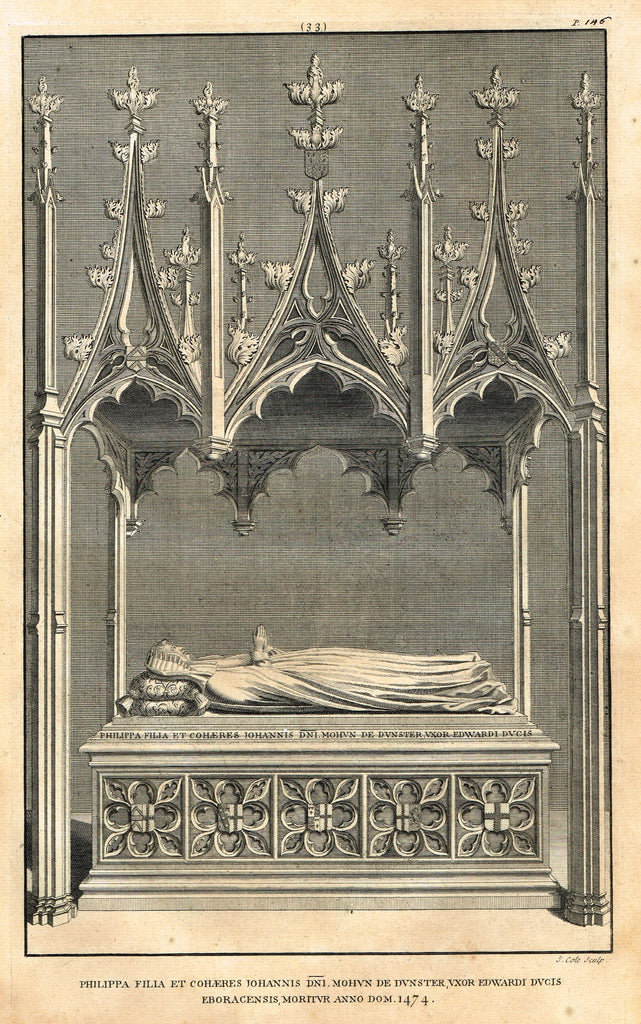 Dart's Westminster Abbey Tomb - "LADY PHILIPPA" - Copper Engraving - 1723