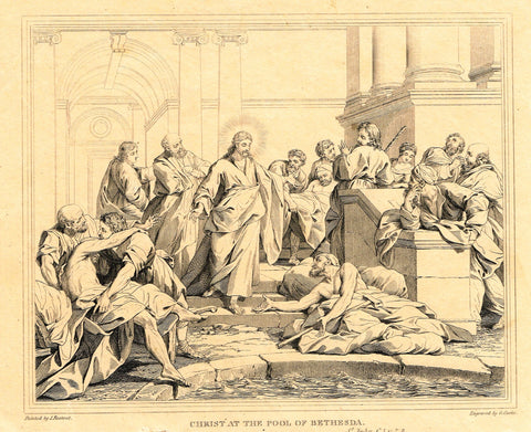 Antique Religous Print - "CHRIST AT THE POOL OF BETHESDA" John C.5,V.2-8  -  Copper Engraving - 1814