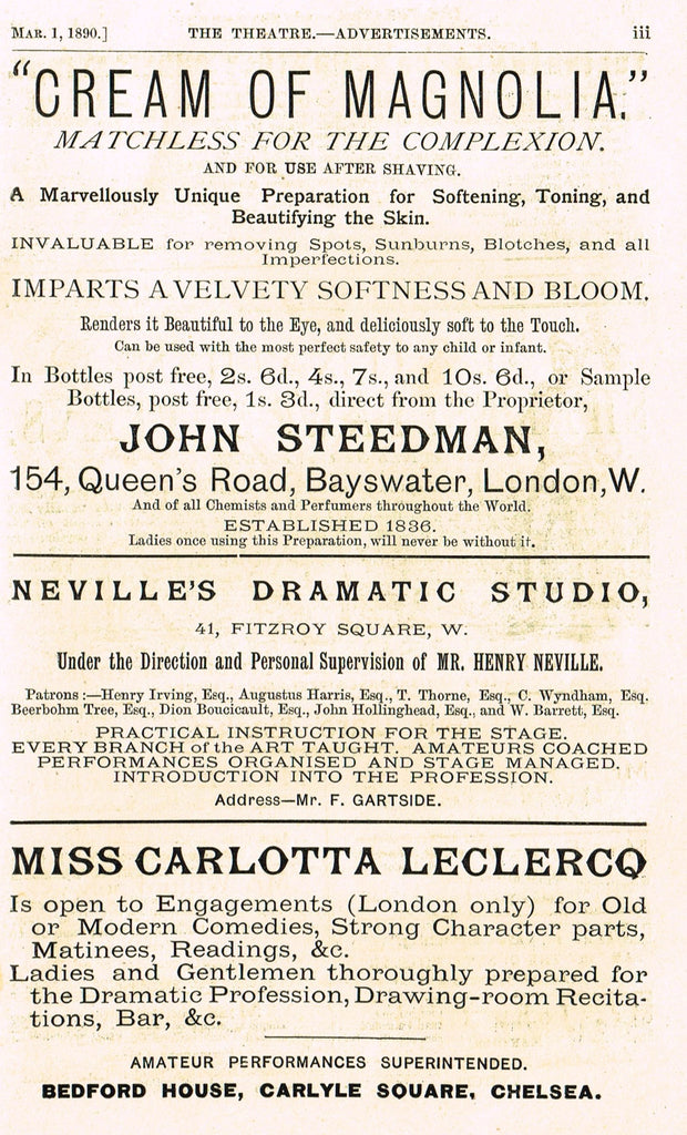 Antique Advertising Ephemera -  "CREAM OF MAGNOLIA COMLECTION CREAM" - Lithograph - 1875-94
