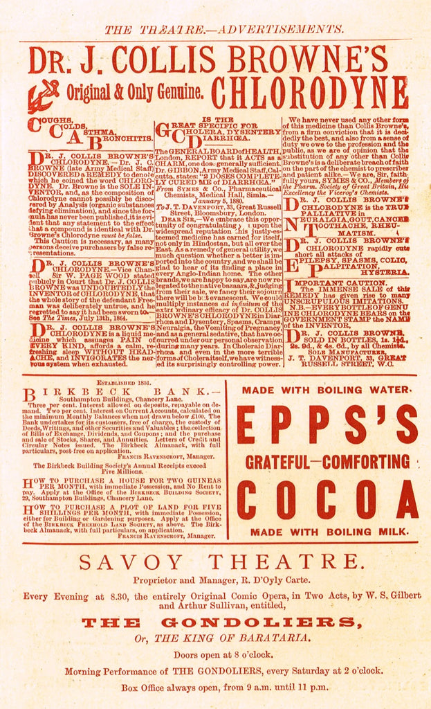 Antique Advertising Ephemera -  "DR. J. COLLIS BROWNE'S CHLORODYNE" - Lithograph - 1875-94