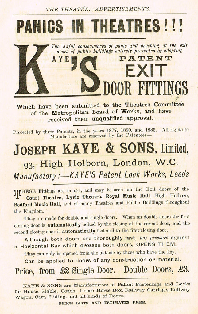 Antique Advertising Ephemera -  "KAYE'S PATENT EXIT DOOR FITTINGS" - Lithograph - 1875-94