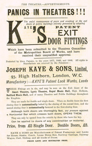 Antique Advertising Ephemera -  "KAYE'S PATENT EXIT DOOR FITTINGS" - Lithograph - 1875-94