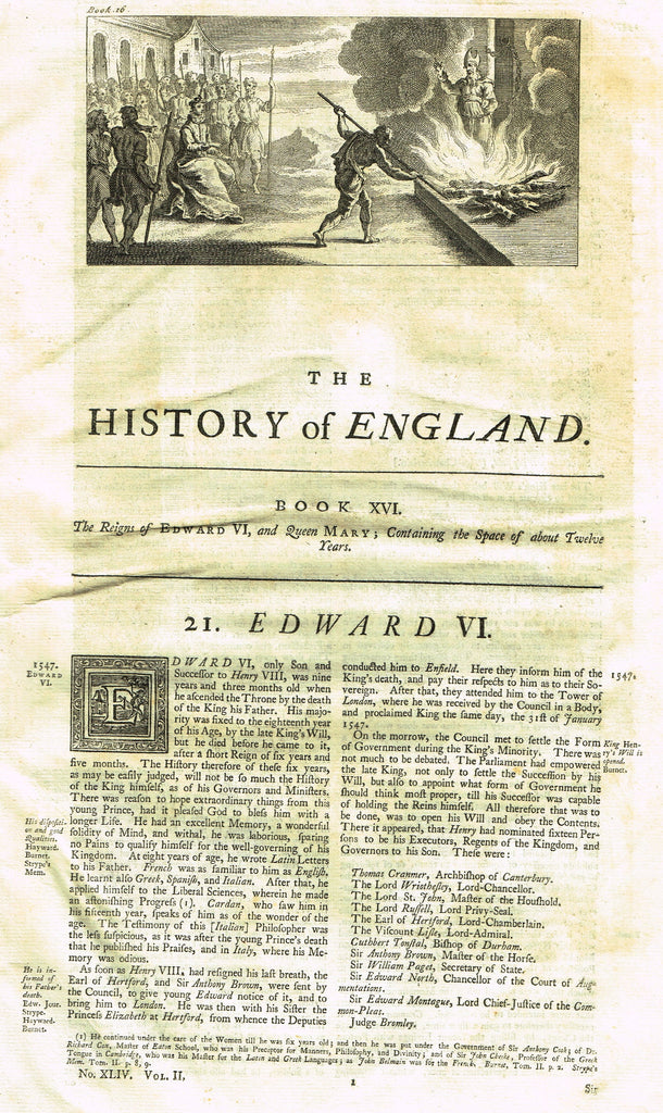Rapin's History of England "THE REIGN OF EDWARD VI & QUEEN MARY" - Copper Engraving - 1743