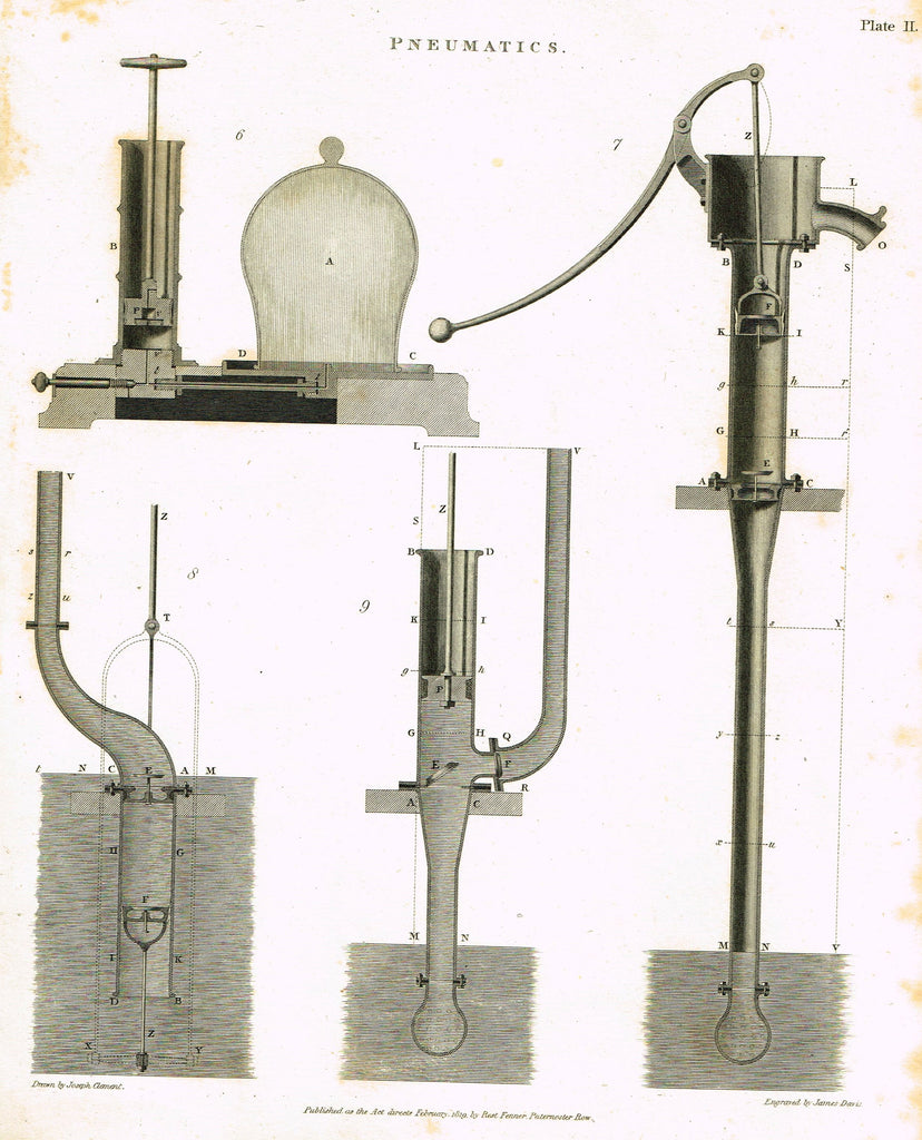 Rees's Cyclopaedia Pneumatics - "WATER PUMP - Plate II" - Steel Engraving - 1819