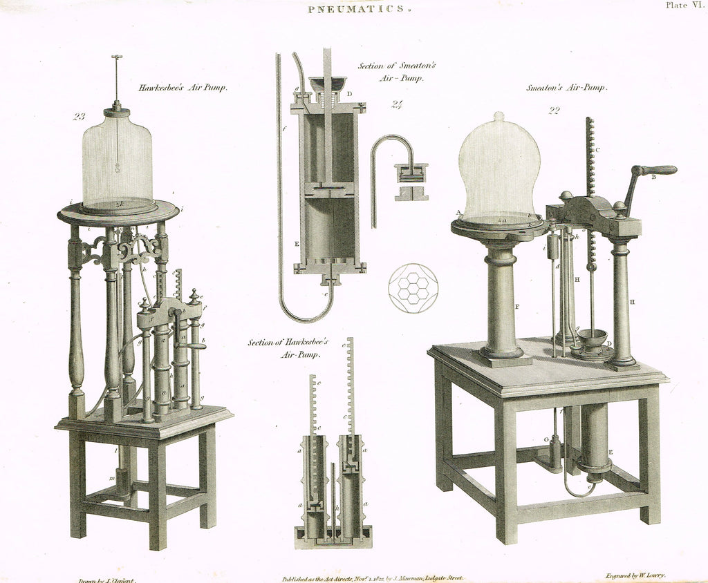 Rees's Cyclopaedia Pneumatics - "SMEATON'S AIR PUMP - Plate VI" - Steel Engraving - 1819