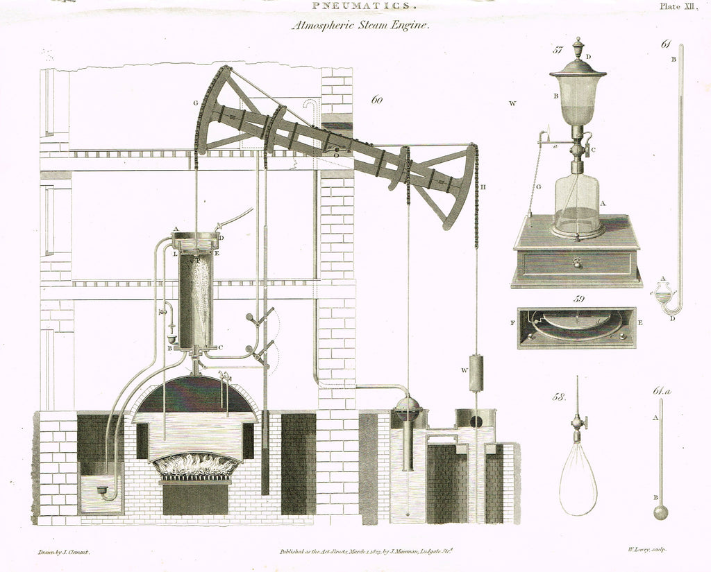 Rees's Cyclopaedia Pneumatics - "ATMOSPHERIC STEAM ENGINE - Plate XII" - Steel Engraving - 1819
