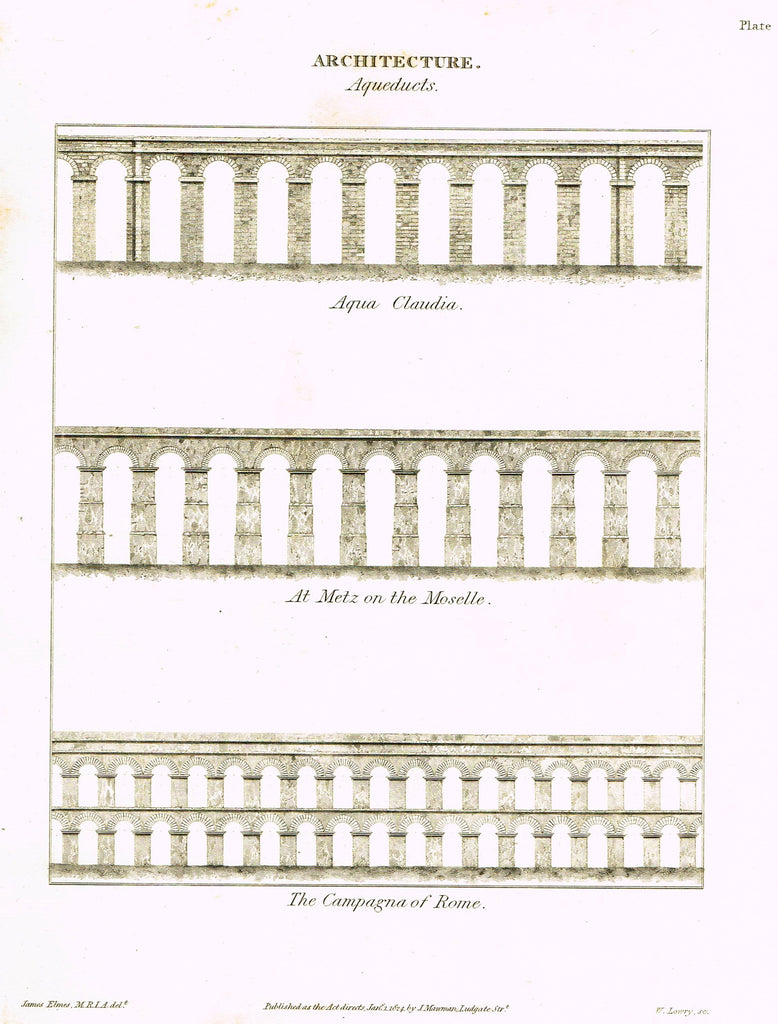 Rees's Cyclopaedia Pneumatics - "AQUEDUCTS (AQUA CLAUDIA) - Plate 7" - Steel Engraving - 1819