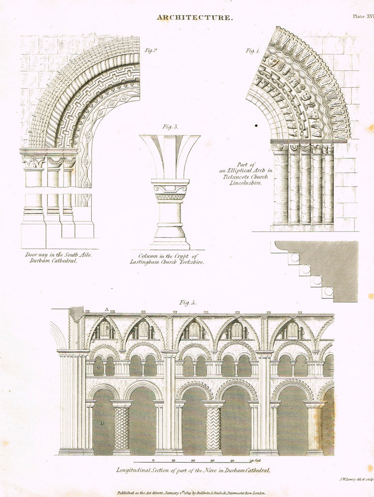 Rees's Cyclopaedia Architecture - "DURBAM CATHEDRALE - Plate XVII" - Steel Engraving - 1819