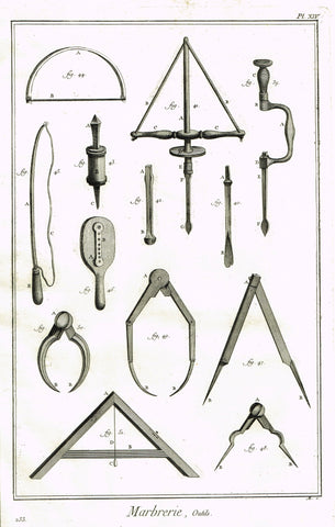Diderot's Encyclopdie - "MARBRERIE - MARBLE CUTTING TOOLS - Plate XIV" 1751