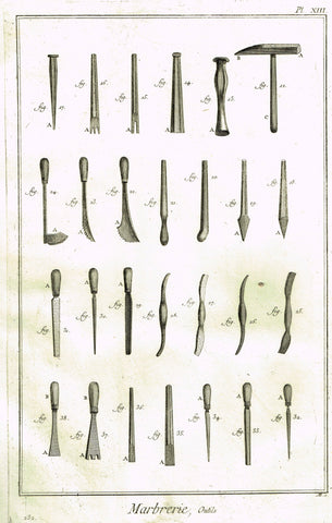 Diderot's Encyclopdie - "MARBRERIE - MARBLE CUTTING TOOLS - Plate XIII" 1751