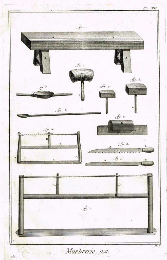 Diderot's Encyclopdie - "MARBRERIE - MARBLE CUTTING TOOLS - Plate XII" 1751