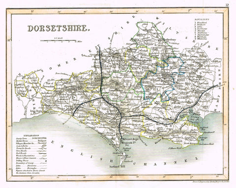 Antique Map - "DORSETSHIRE" by J. Archer - Hand-Colored Lithograph - c1842