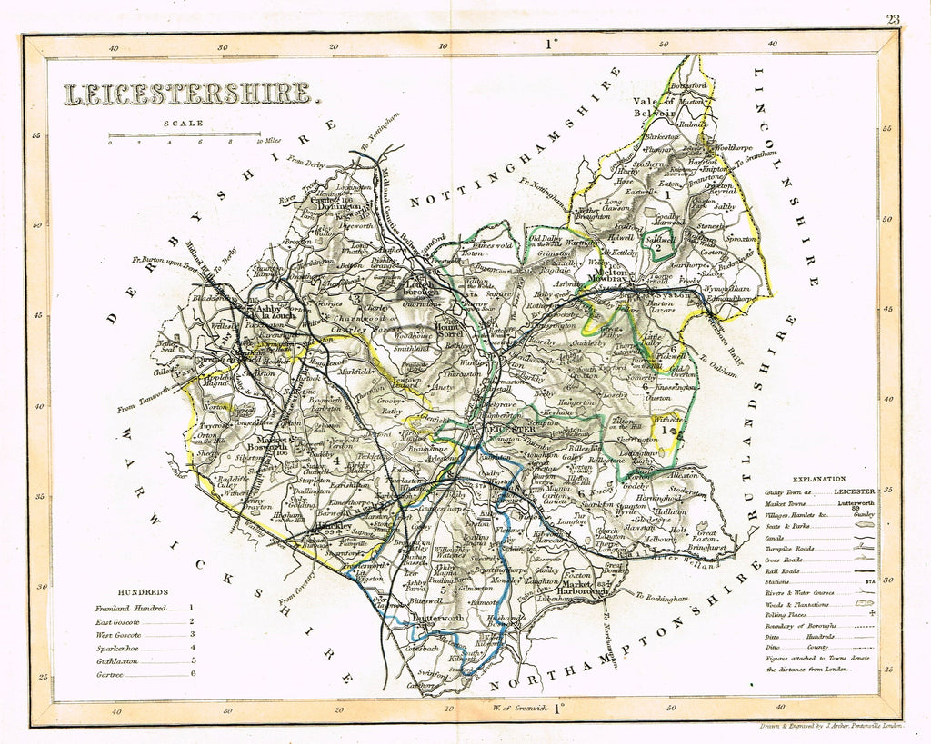 Antique Map - "LEICESTERSHIRE" by J. Archer - Hand-Colored Lithograph - c1842