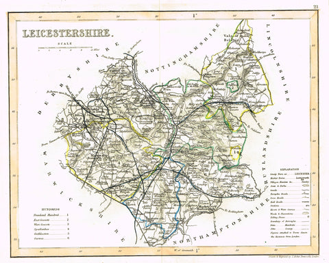 Antique Map - "LEICESTERSHIRE" by J. Archer - Hand-Colored Lithograph - c1842