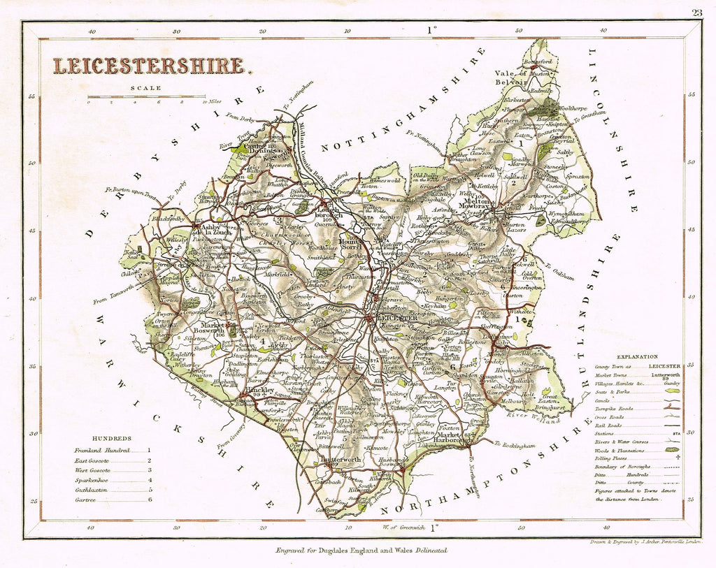 Antique Map - "LEICESTERSHIRE" by J. Archer - Hand Colored Lithograph - c1842