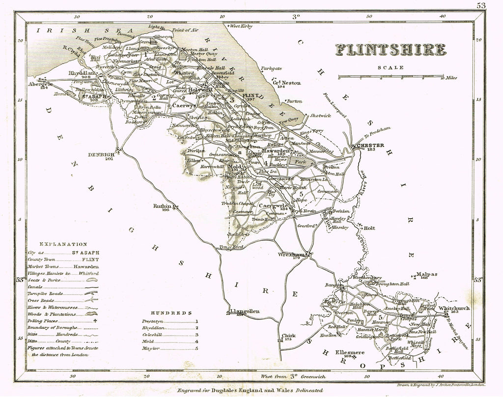 Antique Map - "FLINTSHIRE" by J. Archer - Lithograph - c1842