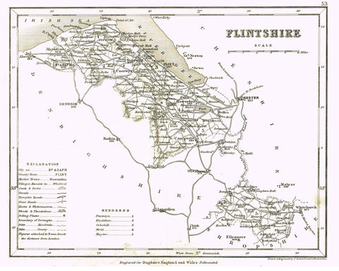 Antique Map - "FLINTSHIRE" by J. Archer - Lithograph - c1842