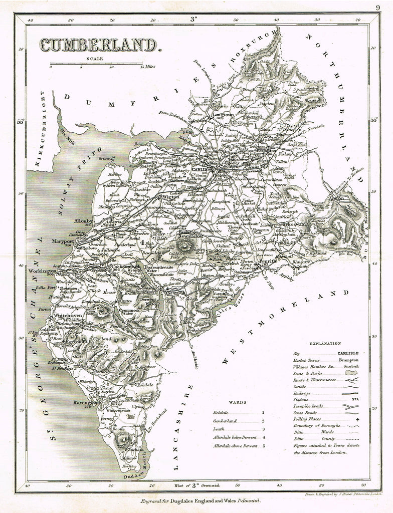 Antique Map - "CUMBERLAND" by J. Archer - Lithograph - c1842
