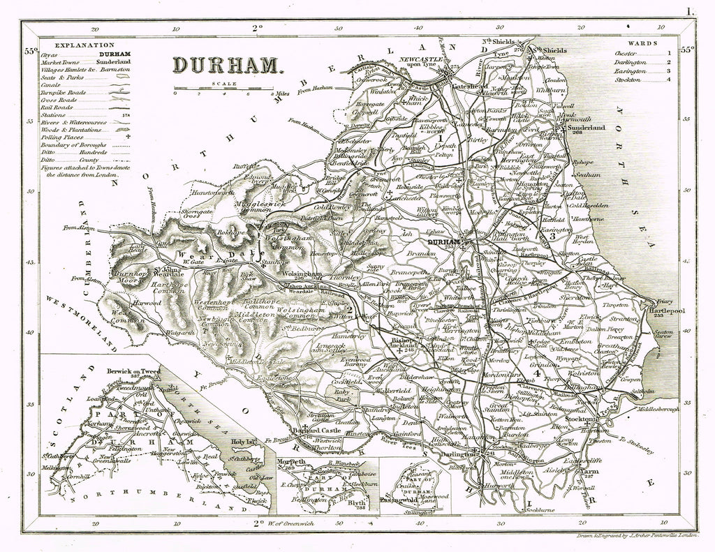antique Map - "DURHAM" by J. Archer - Lithograph - c1842