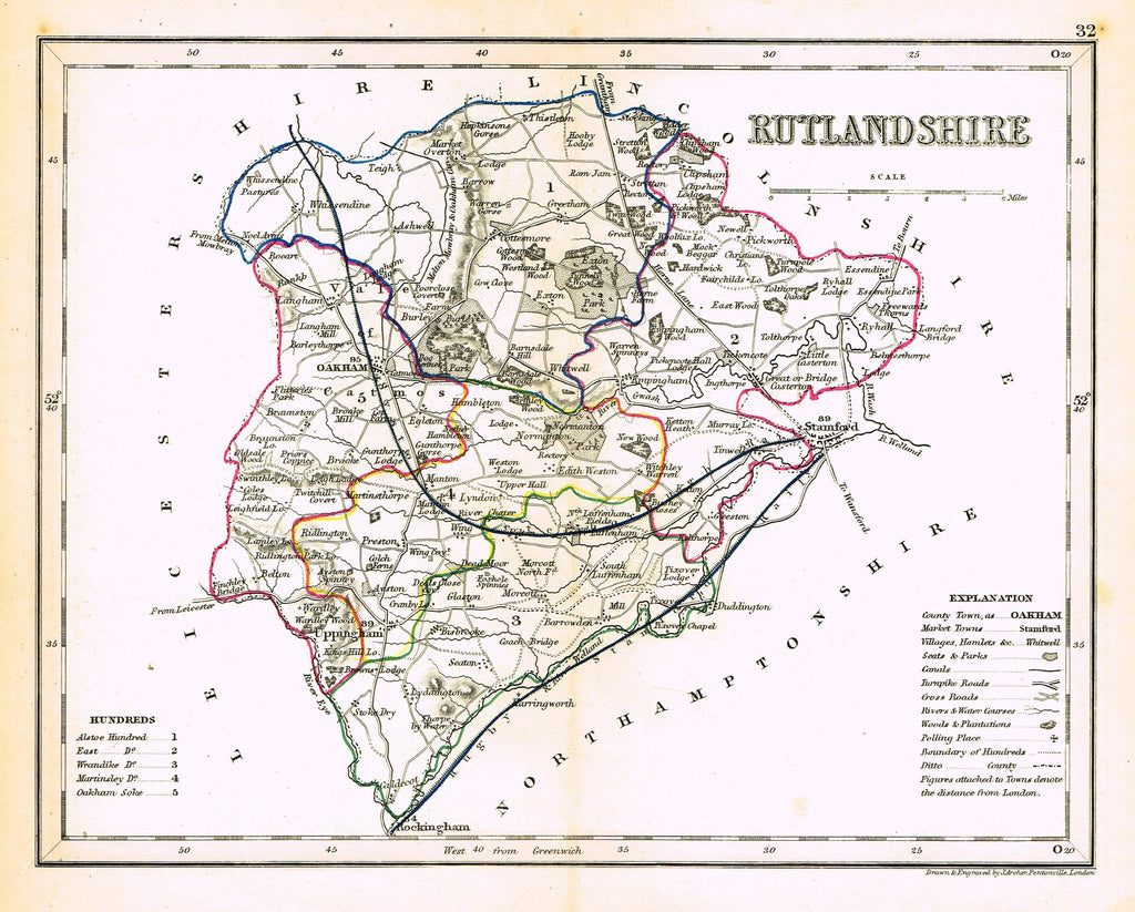 Antique Map - "RUTLANDSHIRE" by J. Archer - Hand Colored Lithograph - c1842