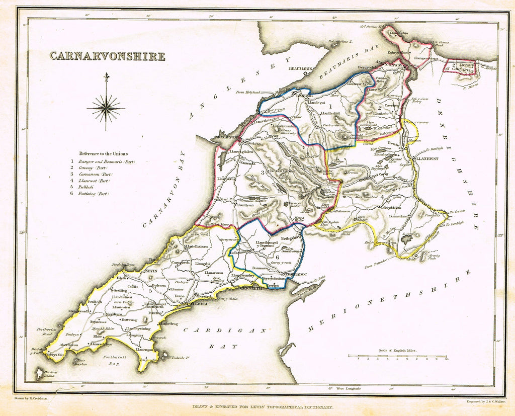 Antique Map - "CARNARVONSHIRE" by J. & C. Walker - Hand-Colored Engraving - 1837