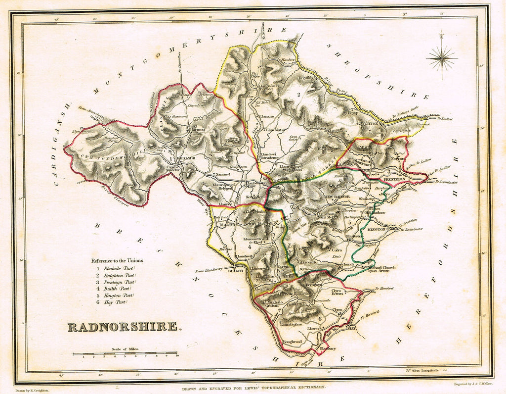 Antique Map - "RADNORSHIRE" by J. & C. Walker - Hand-Colored Engraving - 1837