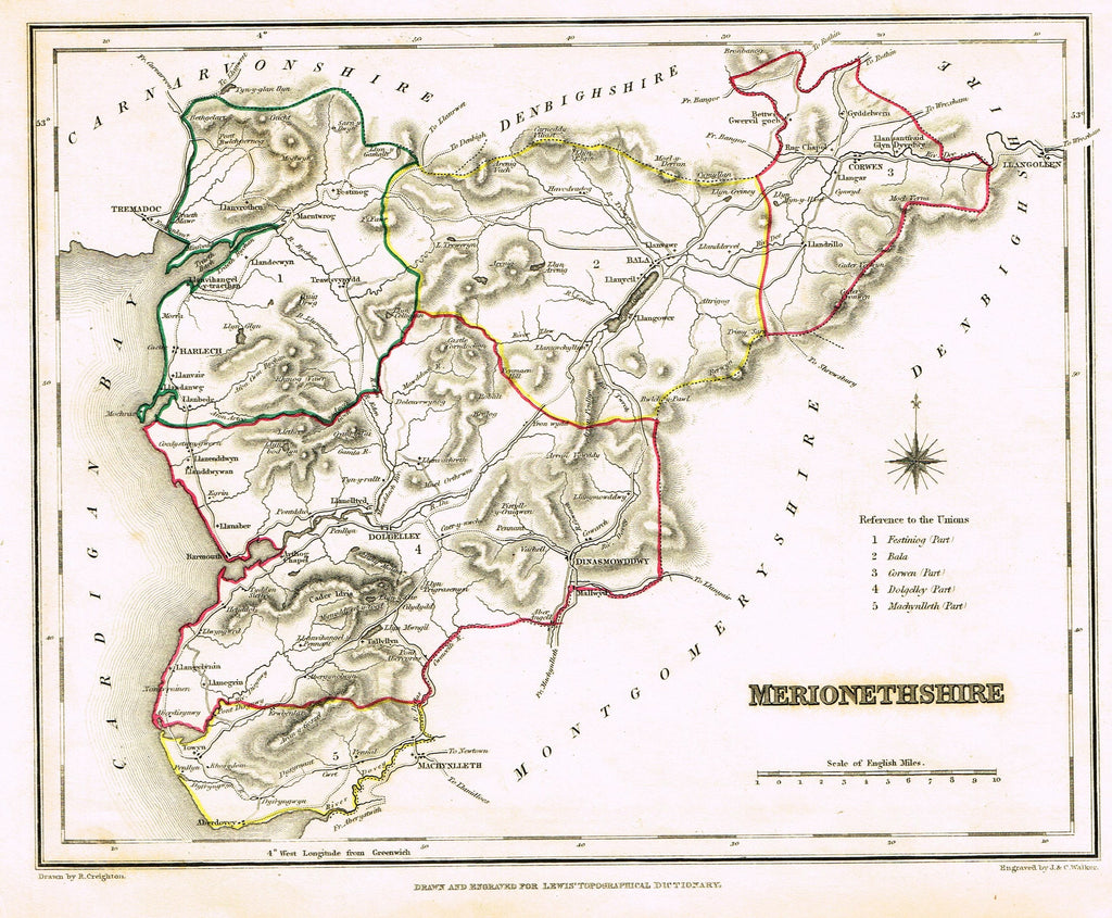 Antique Map - "MERIONETHSHIRE" by J. & C. Walker - Hand-Colored Engraving - 1837