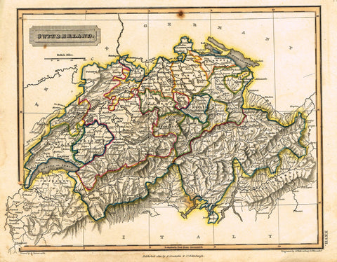 Antique Map - "SWITZERLAND" by S. Hall - Hand-Colored Engraving - 1823
