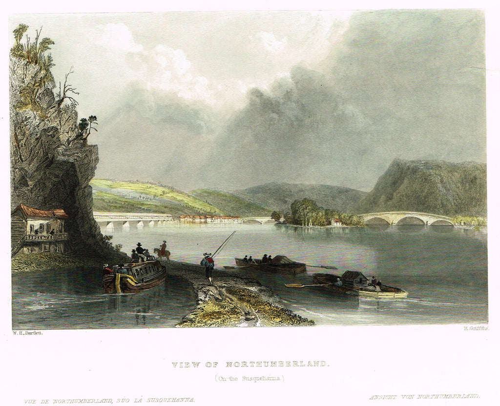 Bartlett's "VIEW OF NORTHUMBERLAND (ON THE SUSQUEHANNA)" - Hand-colored Steel Engraving - c1840