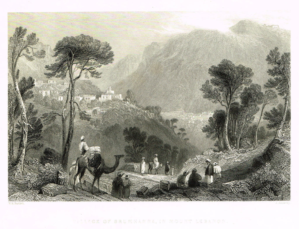 Bartlett's "VILLAGE OF BRUMHANNA, IN MOUNT LEBANON" - SYRIA - Steel Engraving - 1836