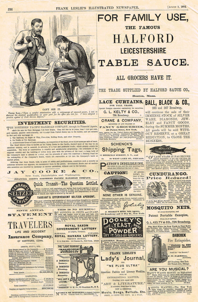 Leslie's Illustrated Newspaper - 1872 - MANY ADVERTISEMENTS OF THE DAY
