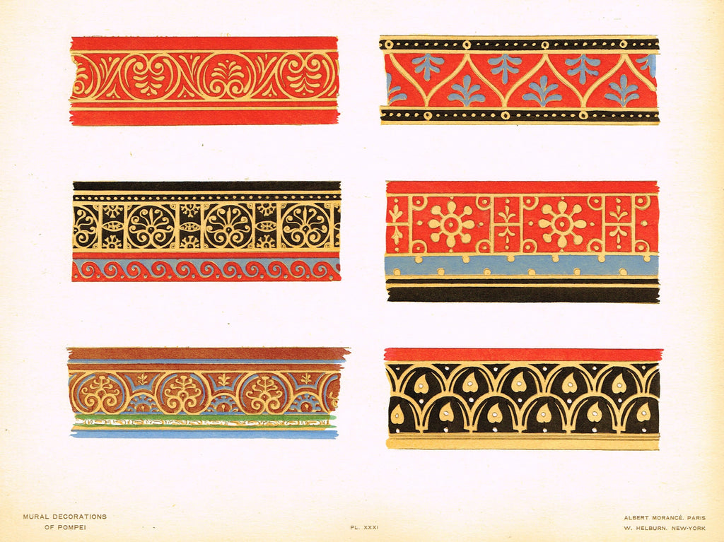 Pompeii Decoration -  "SOLID COLOR FRAGMENTS OF FRAMING BANDS" -  Chromolithograph - 1924