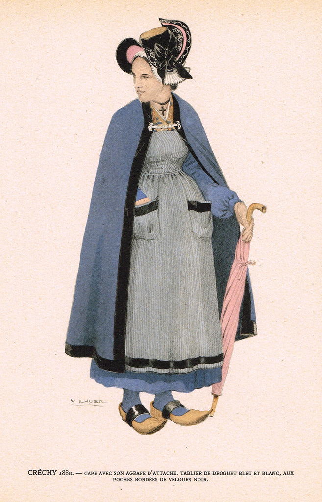 Lhuer's Auvergnat & Bourbonnais Fench Costume Print -  "CRECHY 1880" - Chromolithograph  - 1927