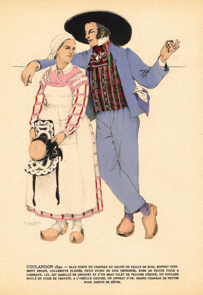 Lhuer's Auvergnat & Bourbonnais Fench Costume Print -  "COULANDON 1840" - Chromolithograph  - 1927