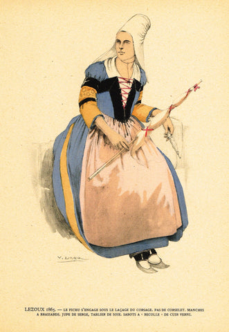Lhuer's Auvergnat & Bourbonnais Fench Costume Print -  "LEZOUX 1865" - Chromolithograph  - 1927