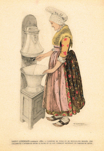 Lhuer's Auvergnat & Bourbonnais Fench Costume Print -  "SAINT-GERMAIN 1880" - Chromolithograph  - 1927