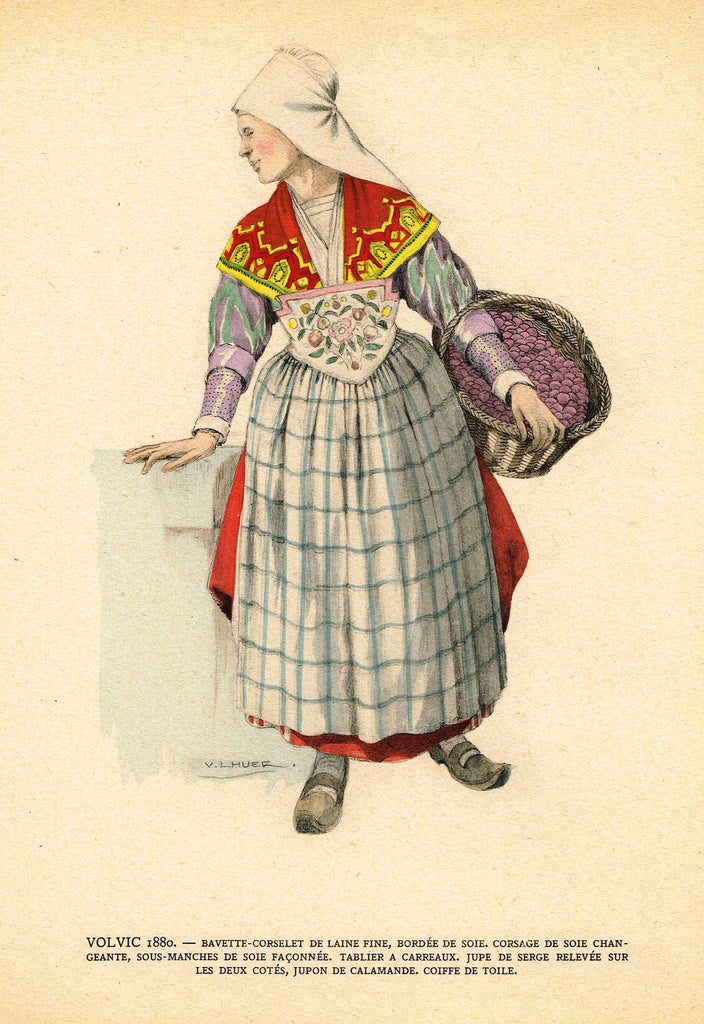 Lhuer's Auvergnat & Bourbonnais Fench Costume Print -  "VOLVIC 1880" - Chromolithograph  - 1927