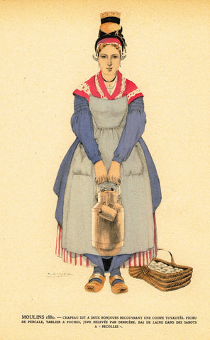 Lhuer's Auvergnat & Bourbonnais Fench Costume Print -  "MOULINS 1880 B" - Chromolithograph  - 1927