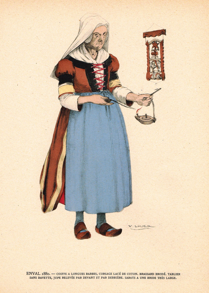 Lhuer's Auvergnat & Bourbonnais Fench Costume Print -  "ENVAL 1880" - Chromolithograph  - 1927