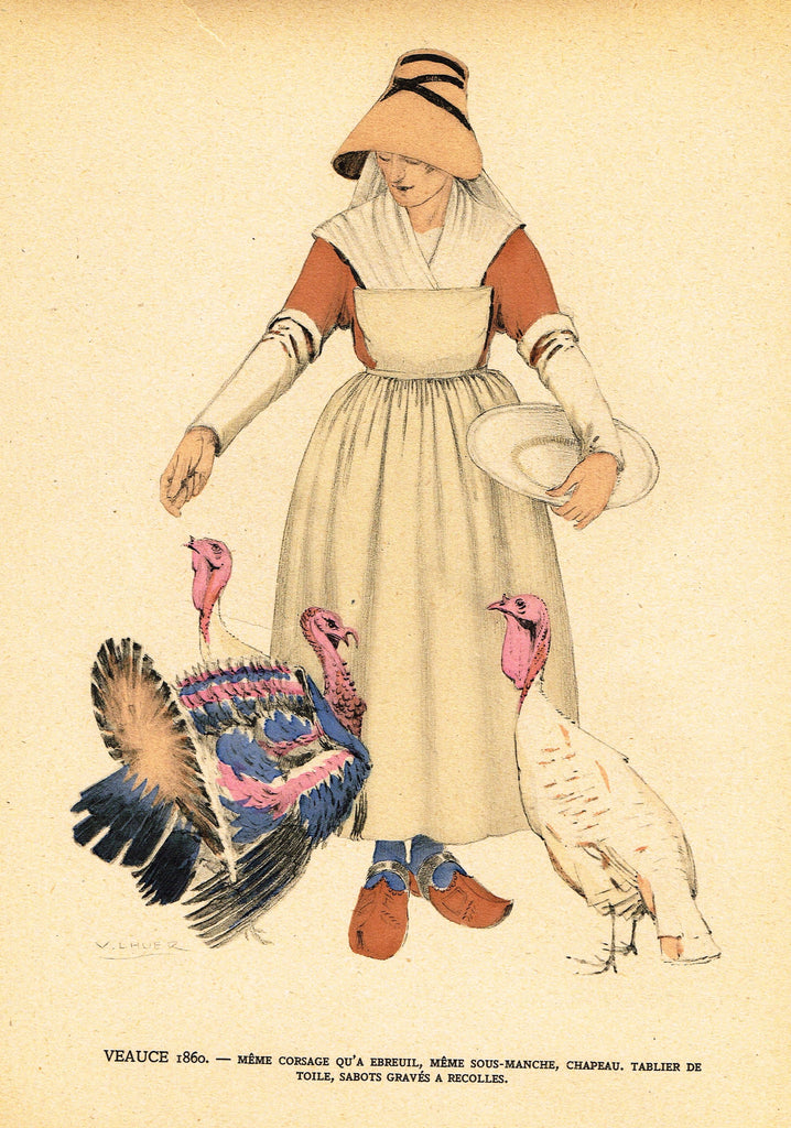 Lhuer's Auvergnat & Bourbonnais Fench Costume Print -  "VEAUCE 1860" - Chromolithograph  - 1927