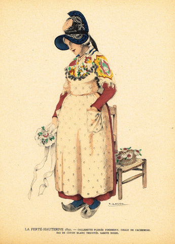 Lhuer's Auvergnat & Bourbonnais Fench Costume Print -  "LA FERTE-HAUTERIVE" - Chromo  - 1927