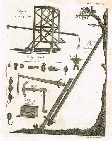 Encyclopedia Britannica - 1771 - "BATTERING RAM" - Plate LXXXCIII - Copper Engraving