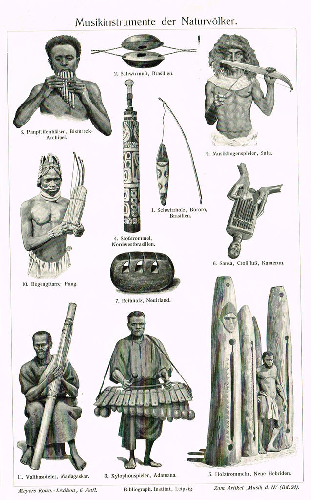 Meyer's Lexicon - 1913 - "MUSICAL INSTRUMENTS OF THE NATIVES" -  Lithograph