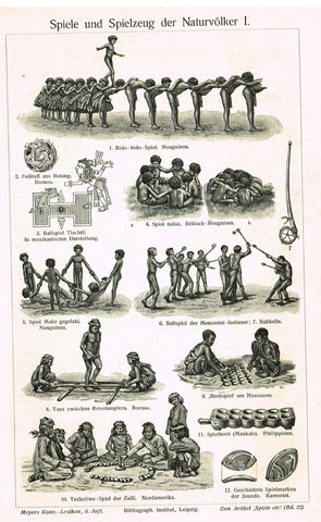 Meyer's Lexicon - 1913 - "GAMES AND TOYS OF THE NATIVES" -  Lithograph